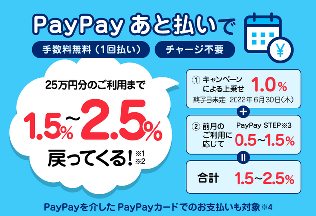 PayPayでのPayPayあと払い、PayPayカード決済で最大1％戻ってくる特典